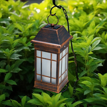 14" Solar Lantern Outdoor Waterproof, Glass Flickering Flame Solar Lanterns, Hanging Metal Lantern