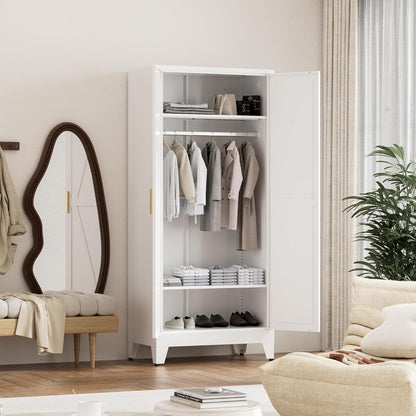 71'' Farmhouse Metal Wardrobe Cabinet with Hanging Rod, 2 Barn Door Wardrobe Closet with 2