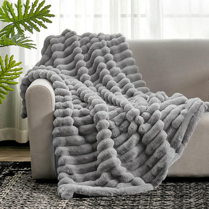 Cozy Bliss Faux Fur Throw Blanket for Couch, Cozy Warm Plush Striped Blanket for Sofa Bedroom