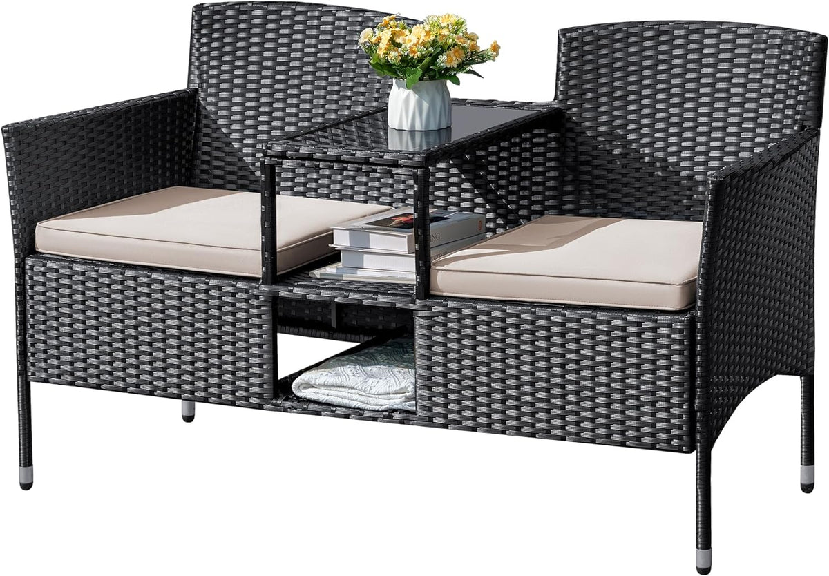 Flamaker Outdoor Furniture Patio Loveseat Wicker 2-Seat with Built-in Table and Cushions Rattan