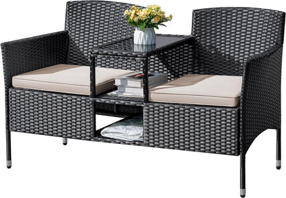 Flamaker Outdoor Furniture Patio Loveseat Wicker 2-Seat with Built-in Table and Cushions Rattan