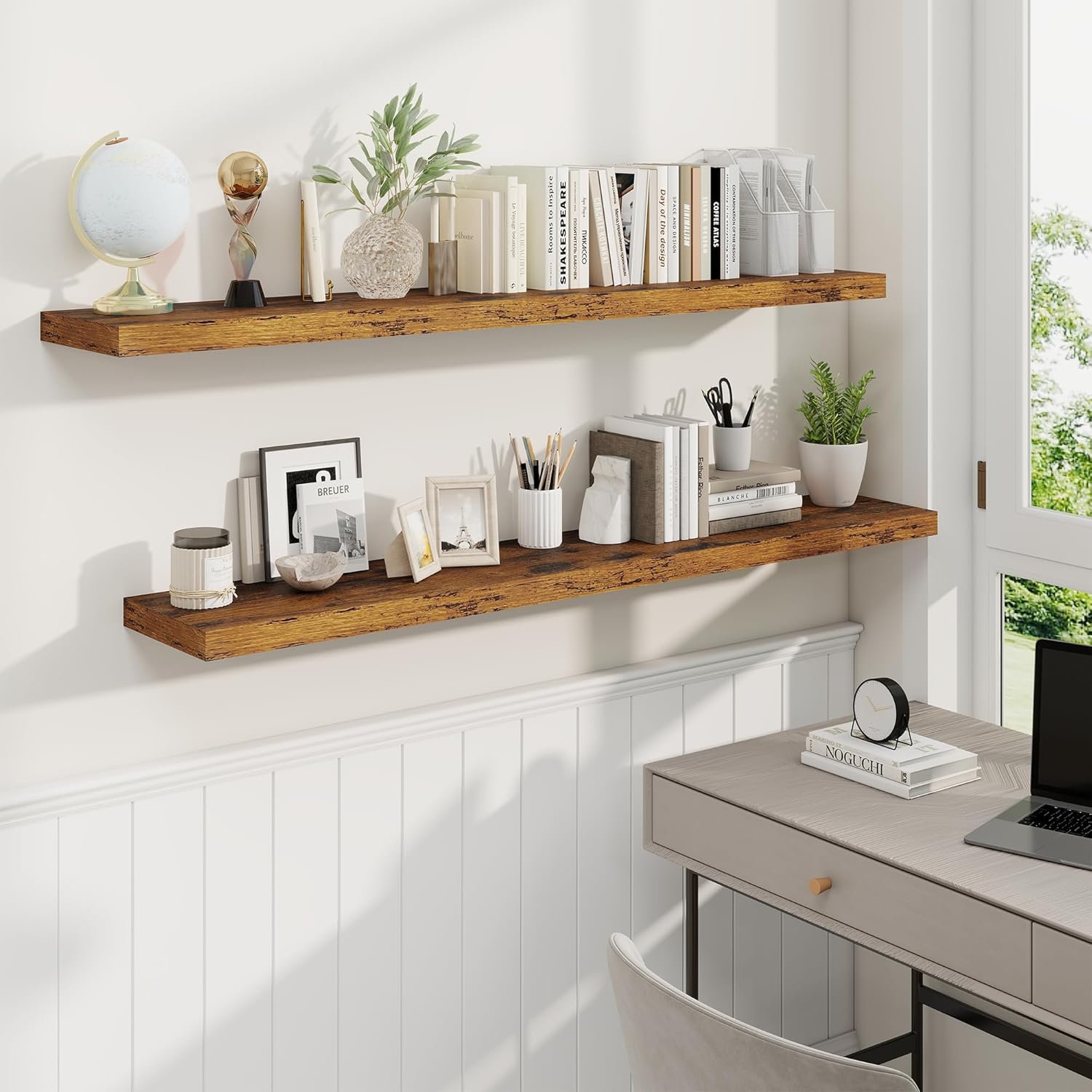 Fun Memories 55 Inch Fireplace Mantel Shelf -Long Floating Shelves, Deep Wall Mounted Farmhouse