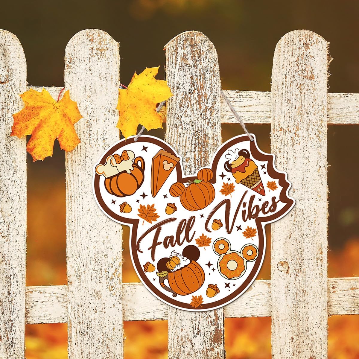 Fall Vibes Door Hanger, Fall Mouse Welcome Door Sign, Wooden Maple Leaves Mushroom Hanging Decor