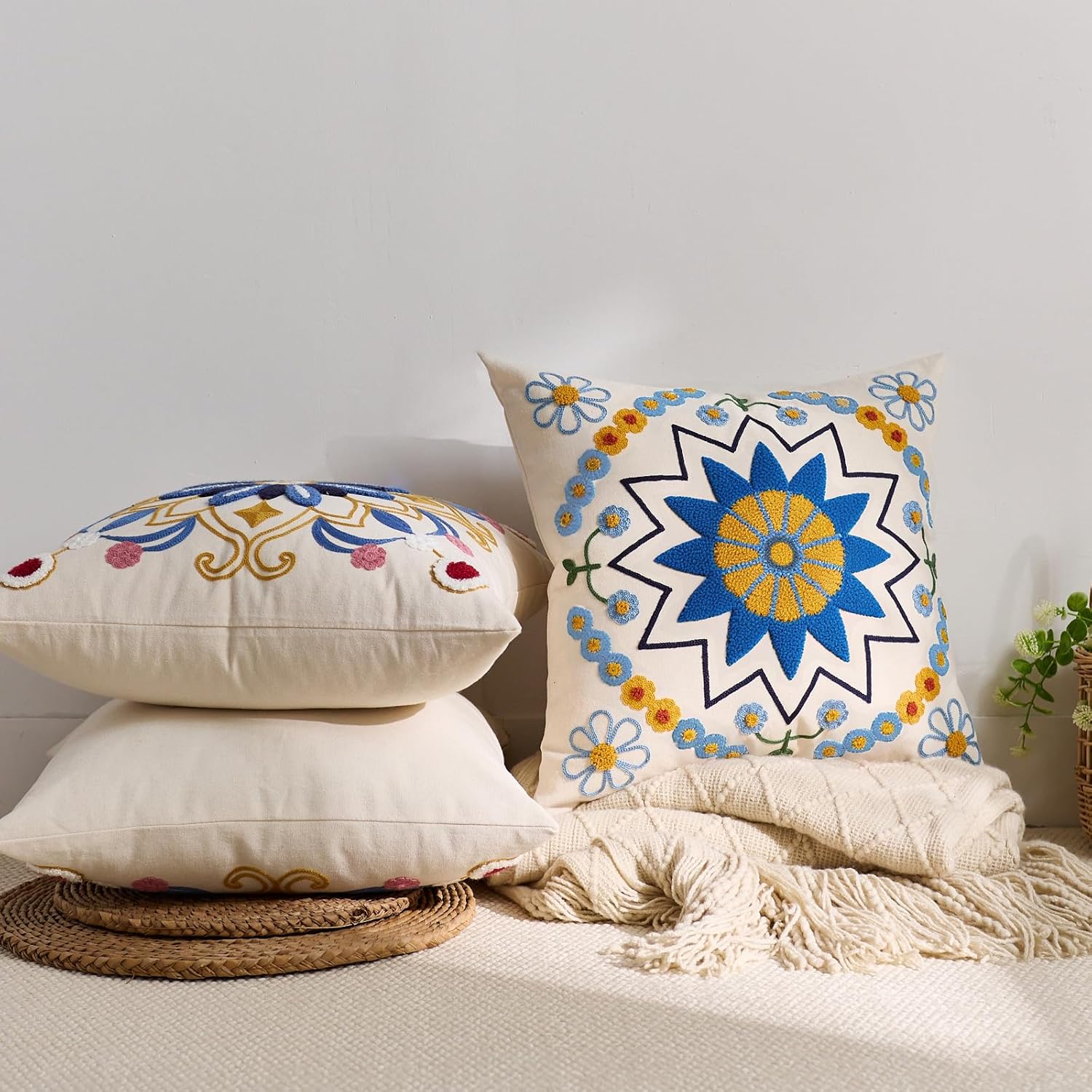 Embroidered Throw Pillow Cover 18x18 Classic Boho Floral Pattern Pillows Cover Outdoor Decorative