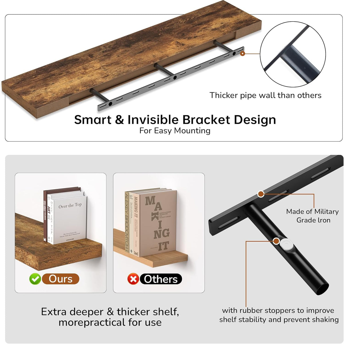 Floating Shelves - 10.23 Inch Deep Wall Shelf for Decor & Storage - Wall Mounted Display Shelving