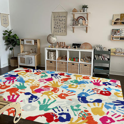 STARUIA Large Colorful Kids Rug 6x9 Ft, Non-Slip Washable Rugs for Classroom, Handprints and