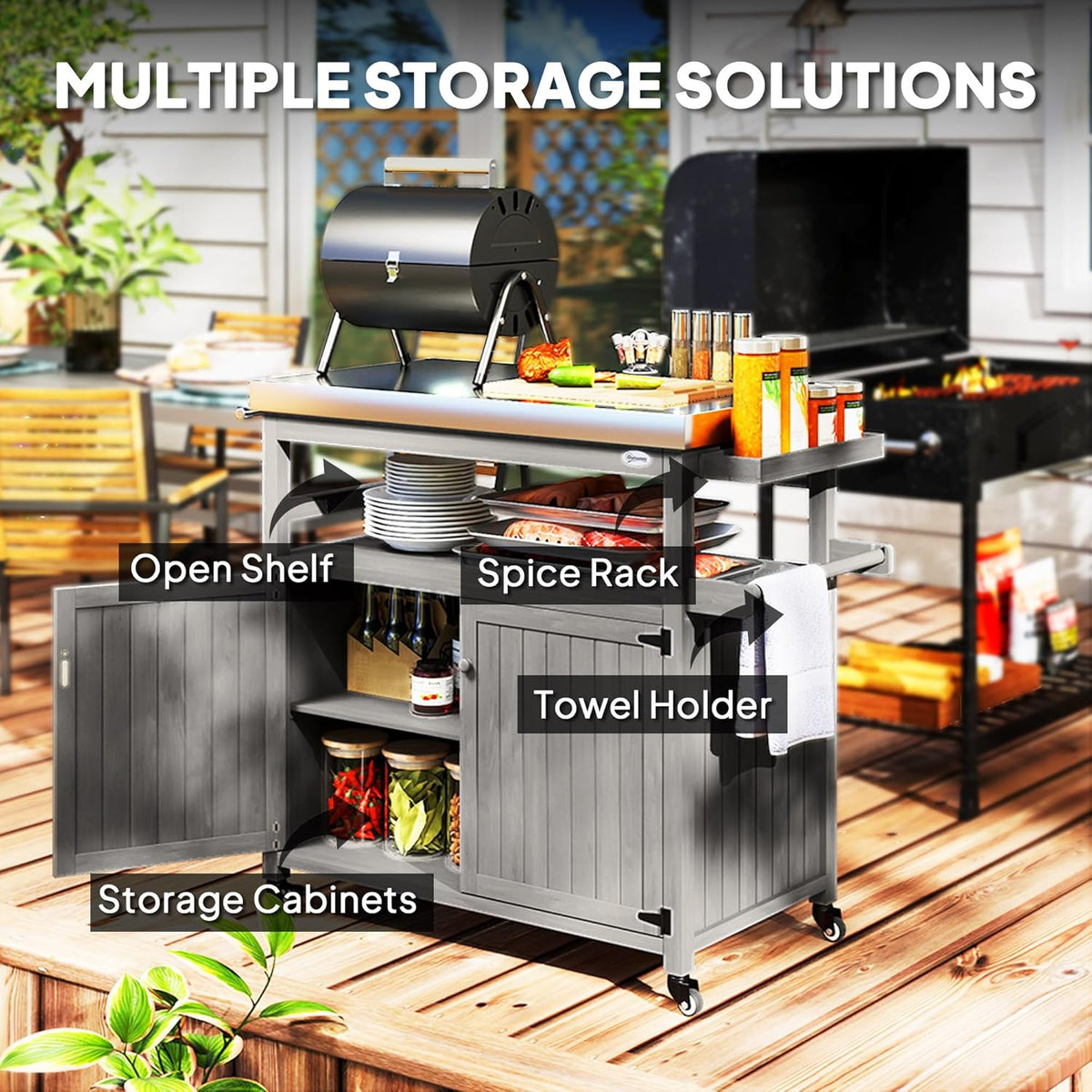 Outsunny Outdoor Grill Cart with Wheels and Storage, Solid Wood Outdoor Kitchen Island with