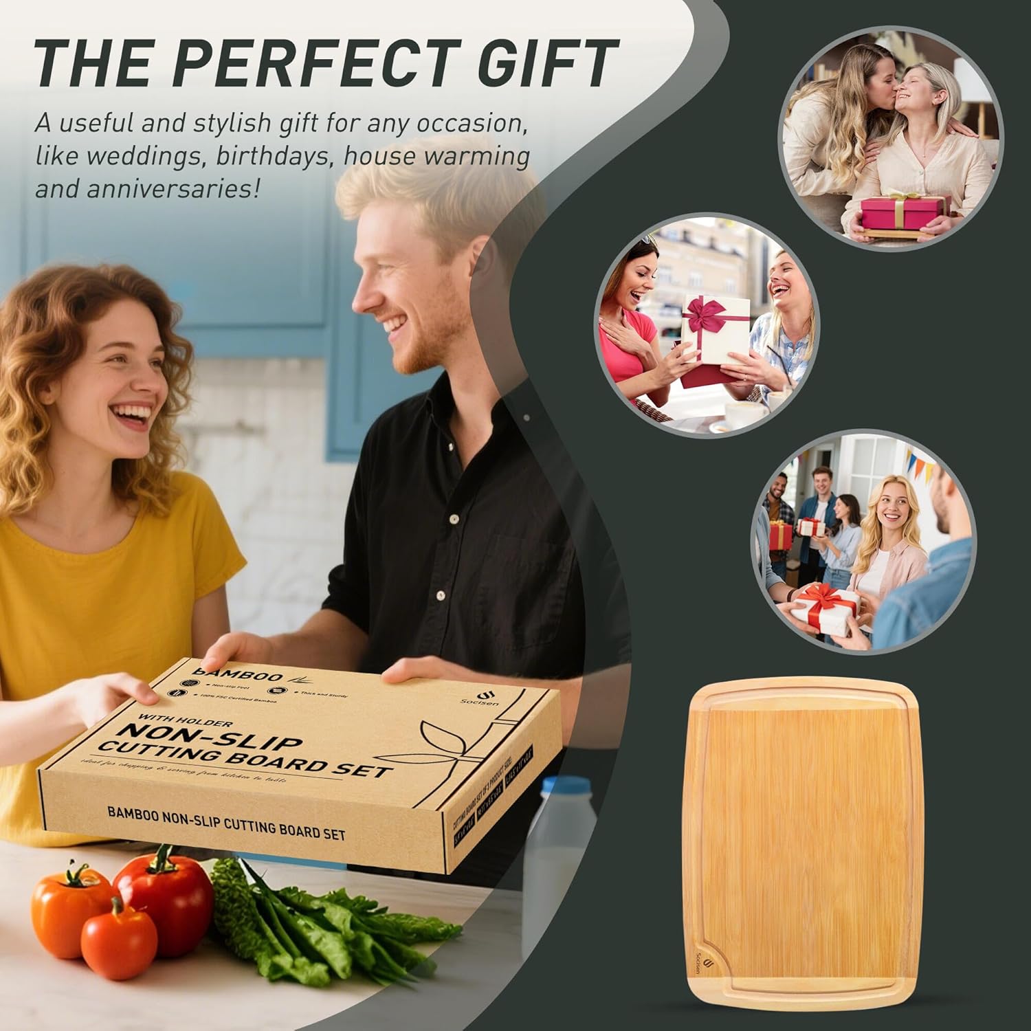 Bamboo Cutting Board Set Non Slip Feet with Holder Over Sink Wooden Cutting Boards Eating Grilling