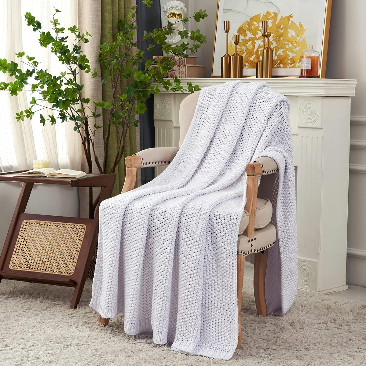 Chunky Cable Knit Throw Blanket Lightweight White 100% Organic Cotton Blanket for Sofa Couch Bed