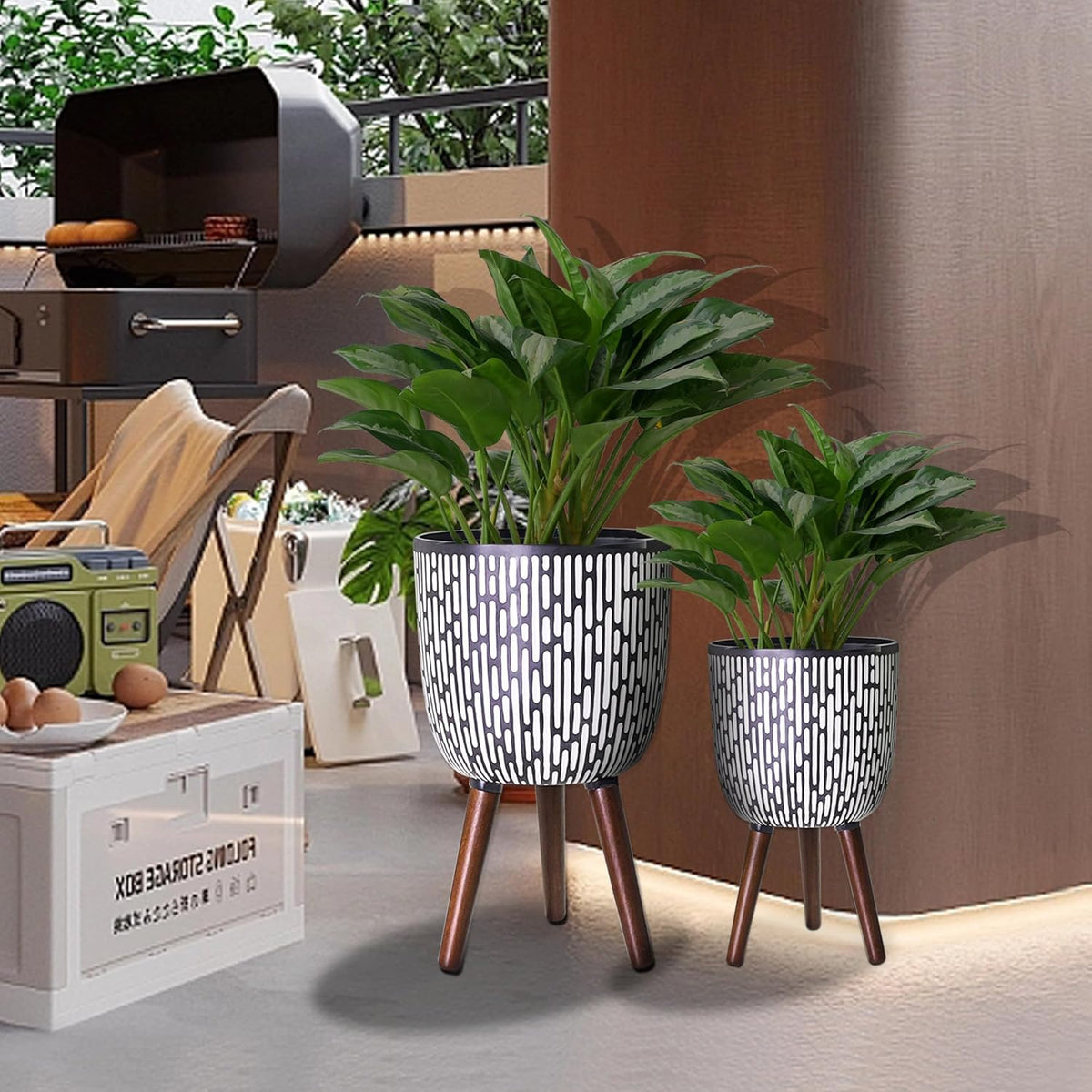 2 Set Plant Pot with Stand 10 & 12 inches, Mid-Century Large Planter with Legs for Indoor Plants