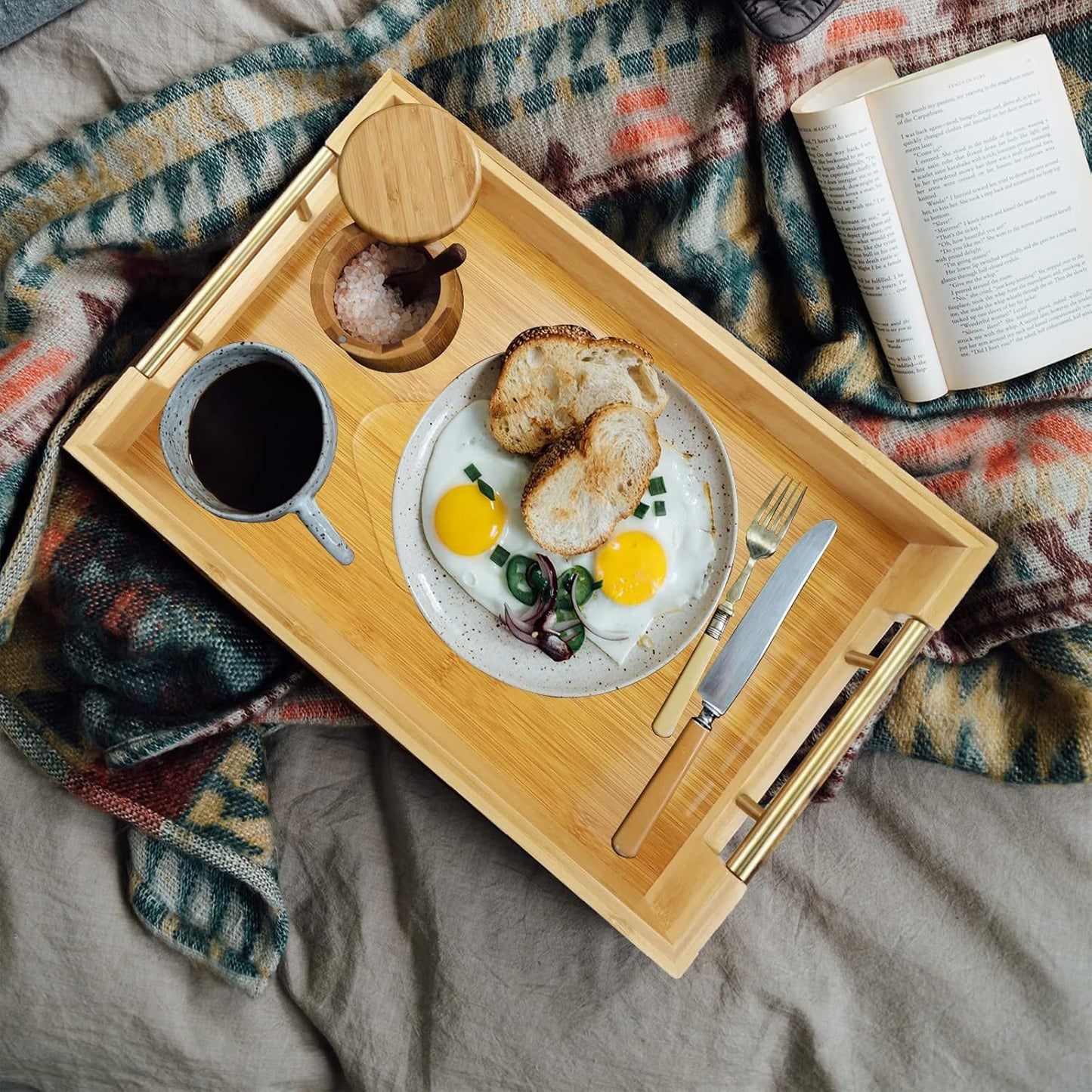 Bamboo Wood Serving Tray with Gold Polished Metal Handles, Decorative Tray Platter Coffee Table