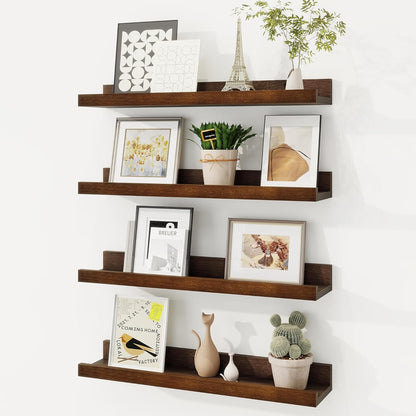 Picture Ledge Shelf, Solid Pine Wood Floating Shelves Set of 4, 16 Inches Nursery Book Shelves for