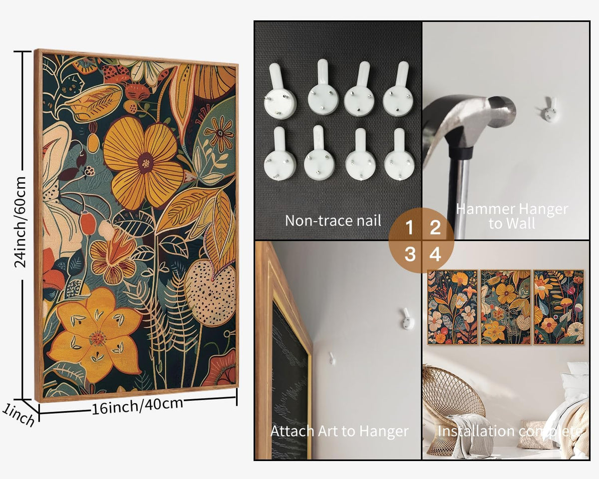 SIGNINART Boho Botanical Framed Canvas Wall Art Set of 3, Mid Century Modern Wall Decor, Burnt