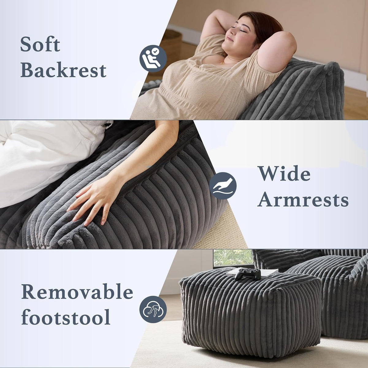 Oversized Bean Bag Chaise Lounge Chair Indoor for Adults with Armrests & Ottoman - Giant Comfy Gray