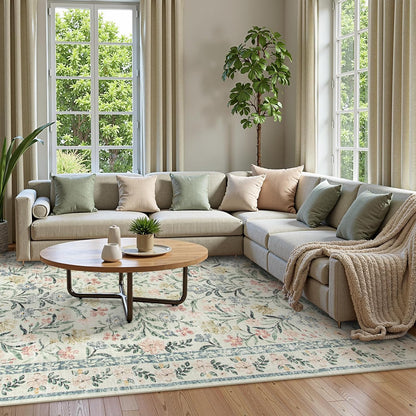 Wonnitar Large Living Room Rug, Floral 10 x 14 Machine Washable Area Rugs, Soft Boho Ultra-Thin