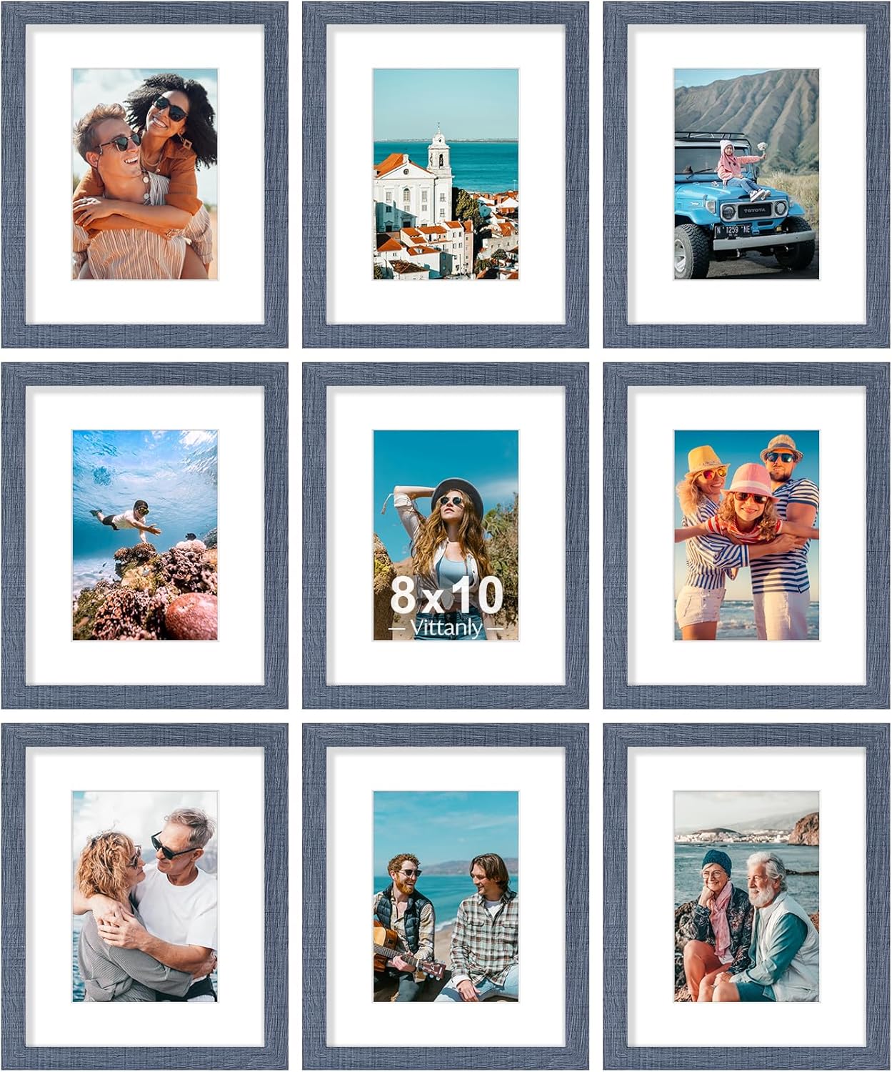 Vittanly 8x10 Picture Frames Set of 9, Shatter Resistant Plexiglass, Display 5x7 Pictures with Mat