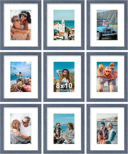 Vittanly 8x10 Picture Frames Set of 9, Shatter Resistant Plexiglass, Display 5x7 Pictures with Mat
