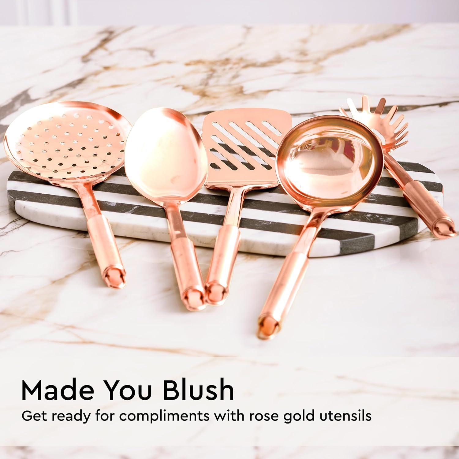Copper Cooking Utensils Set – 5-Piece Rose Gold Stainless Steel Kitchen Tools for Cooking and
