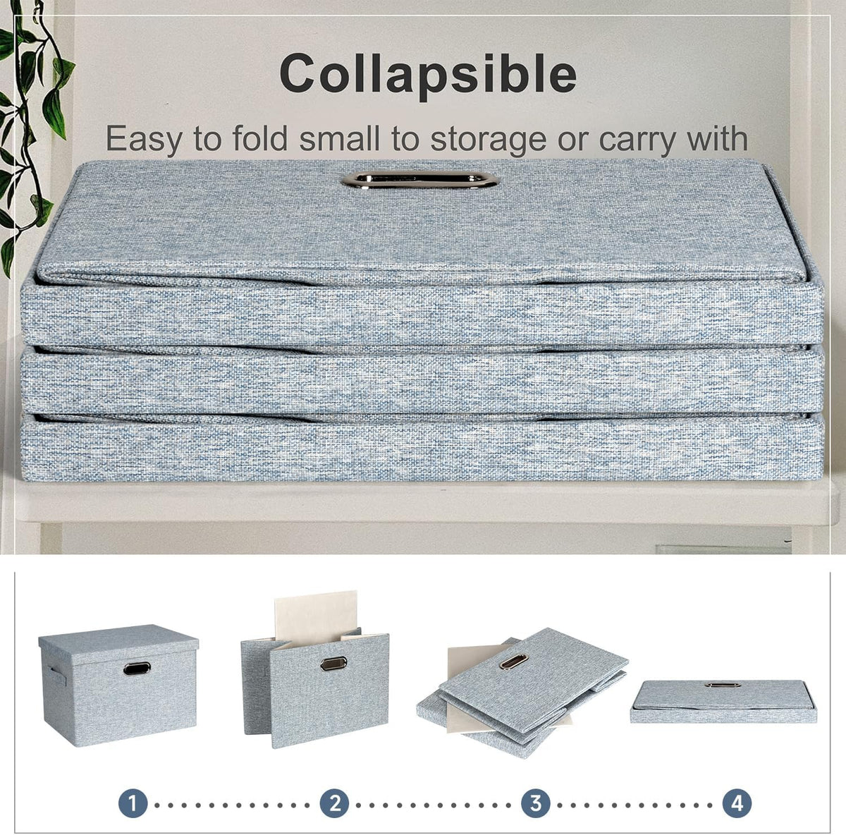 Large 17" 36 Quart Collapsible Stackable Storage Bins with Lids, 3 Packs Blue-Grey Linen Fabric