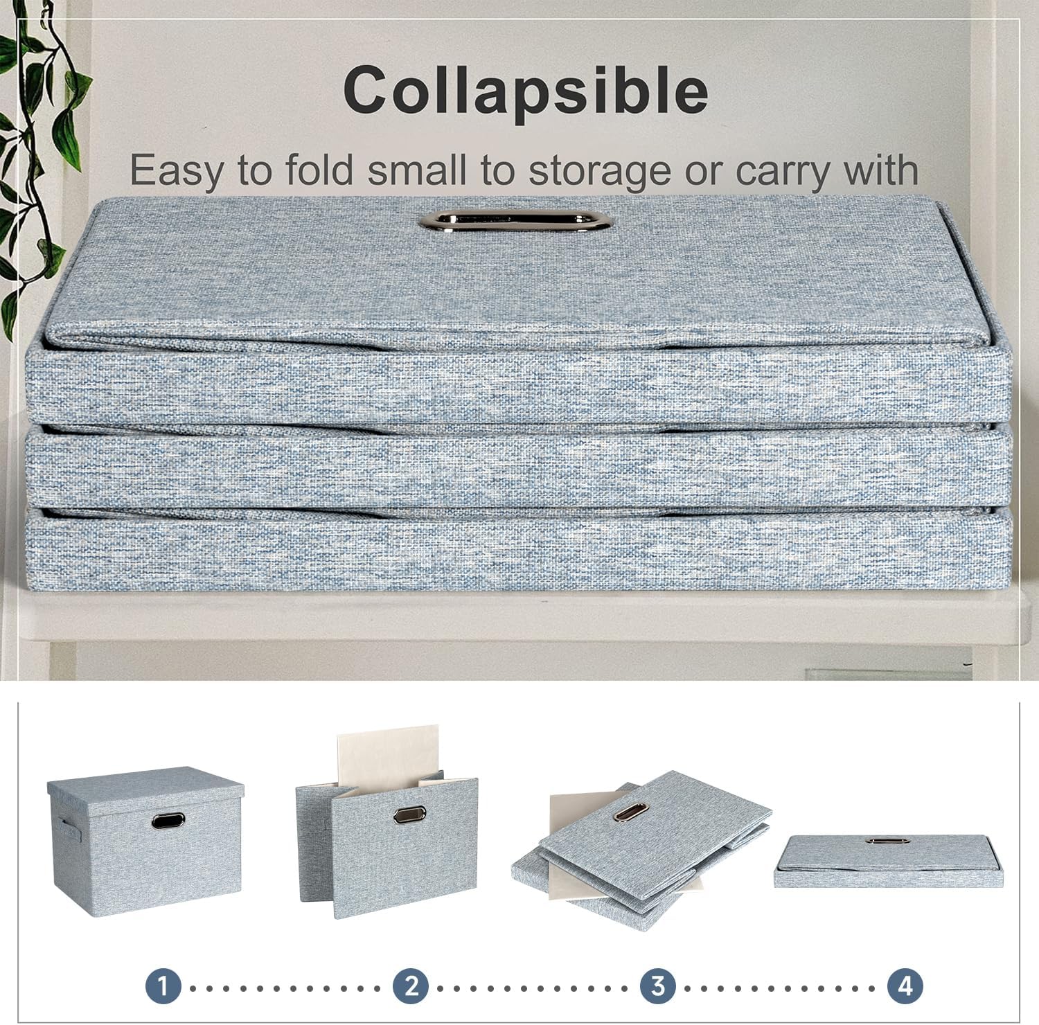 Large 17" 36 Quart Collapsible Stackable Storage Bins with Lids, 3 Packs Blue-Grey Linen Fabric
