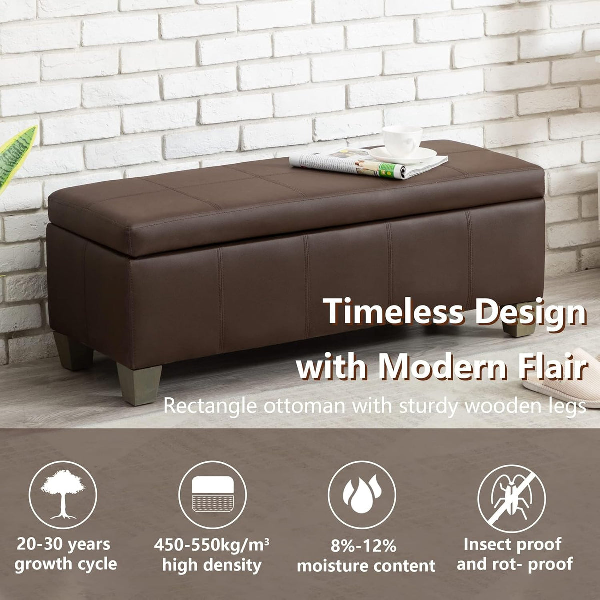Brown Faux Leather Ottoman with Storage, Rectangular Extra Long Storage Bench for Bedroom and