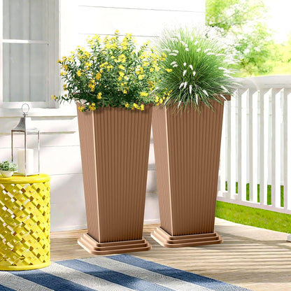 FENCY Set of 2 Tall Planters for Outdoor Plants, 24 Inch Large Tapered Pots with Drainage Trays