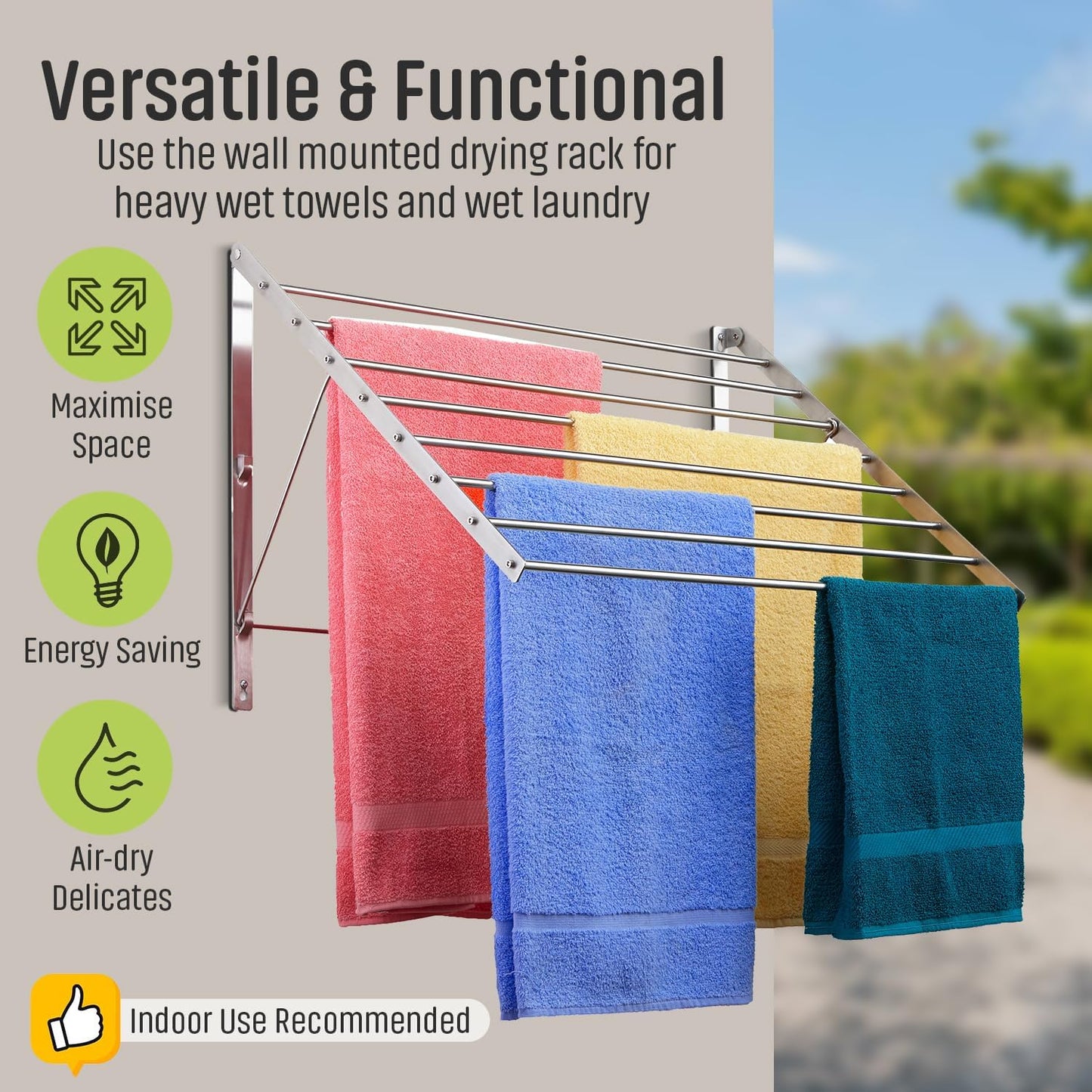 Smartsome | Wall Mounted | Clothes Drying Rack| 22" Wide |15 Linear Feet Capacity | 8 Smooth Round