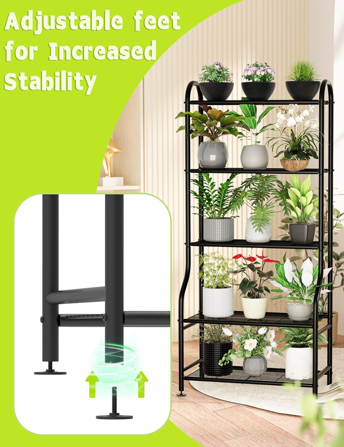 5-Tier Metal Plant Stand Indoor Outdoor, Waterproof Flower Stand for Multiple Pots, Heavy Duty