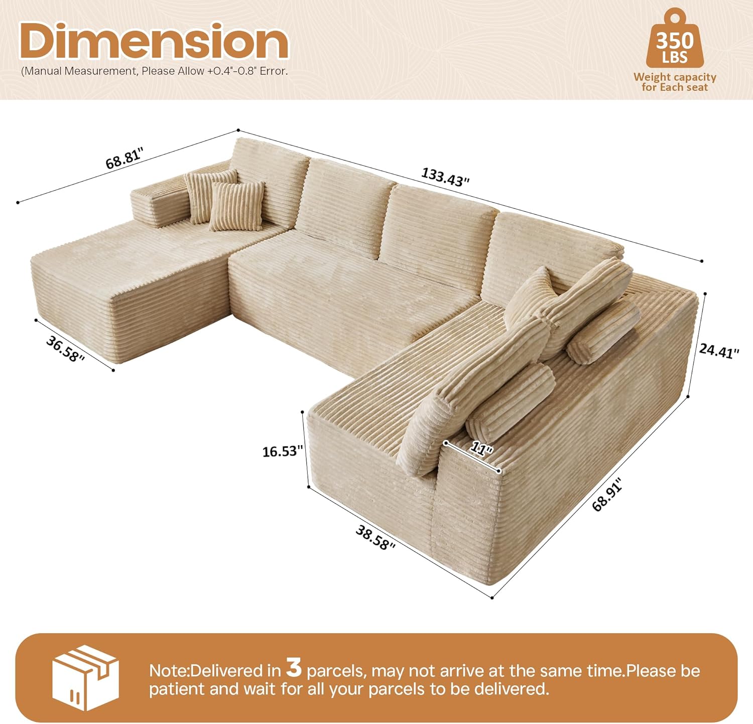Cloud Sectional Couches for Living Room,U Shaped Modular Sofas No Assembly,133x68 Inches Plush