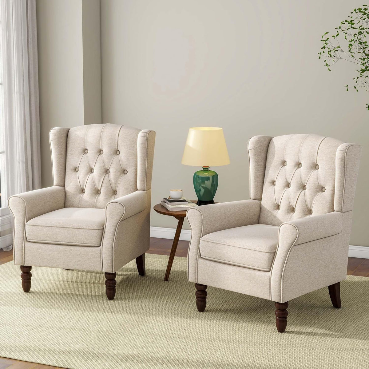 Accent Chair, Upholstered Armchair with Button Tufted High Back & Solid Wood Legs, Comfy Wingback