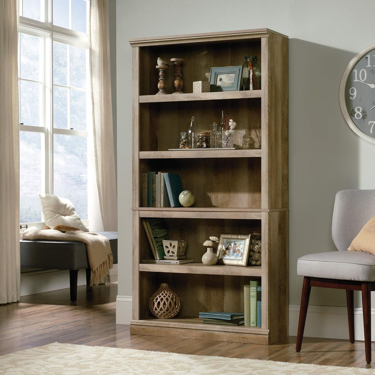 Sauder 5 Tier Book Shelf Wooden Bookcase Multipurpose Bookshelf for Home Office, Living Room, in