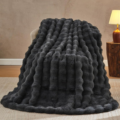 Lotus Karen Faux Fur Throw Blanket Dark Gray - Big Bubble Rabbit Fluff Blanket for Couch, Small
