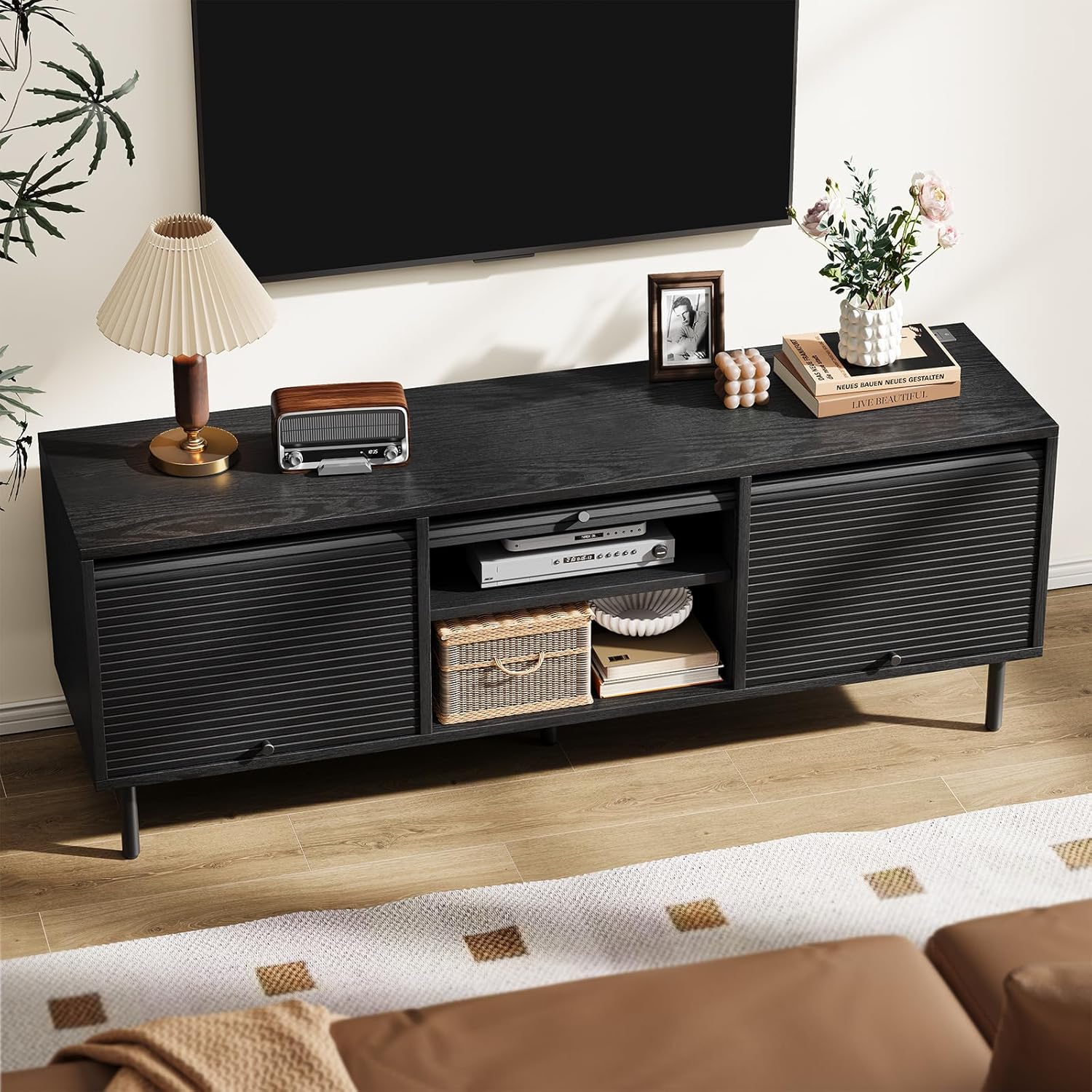 59 Inch TV Stand with Power Outlet for TVs up to 65 Inch, Entertainment Center with Storage