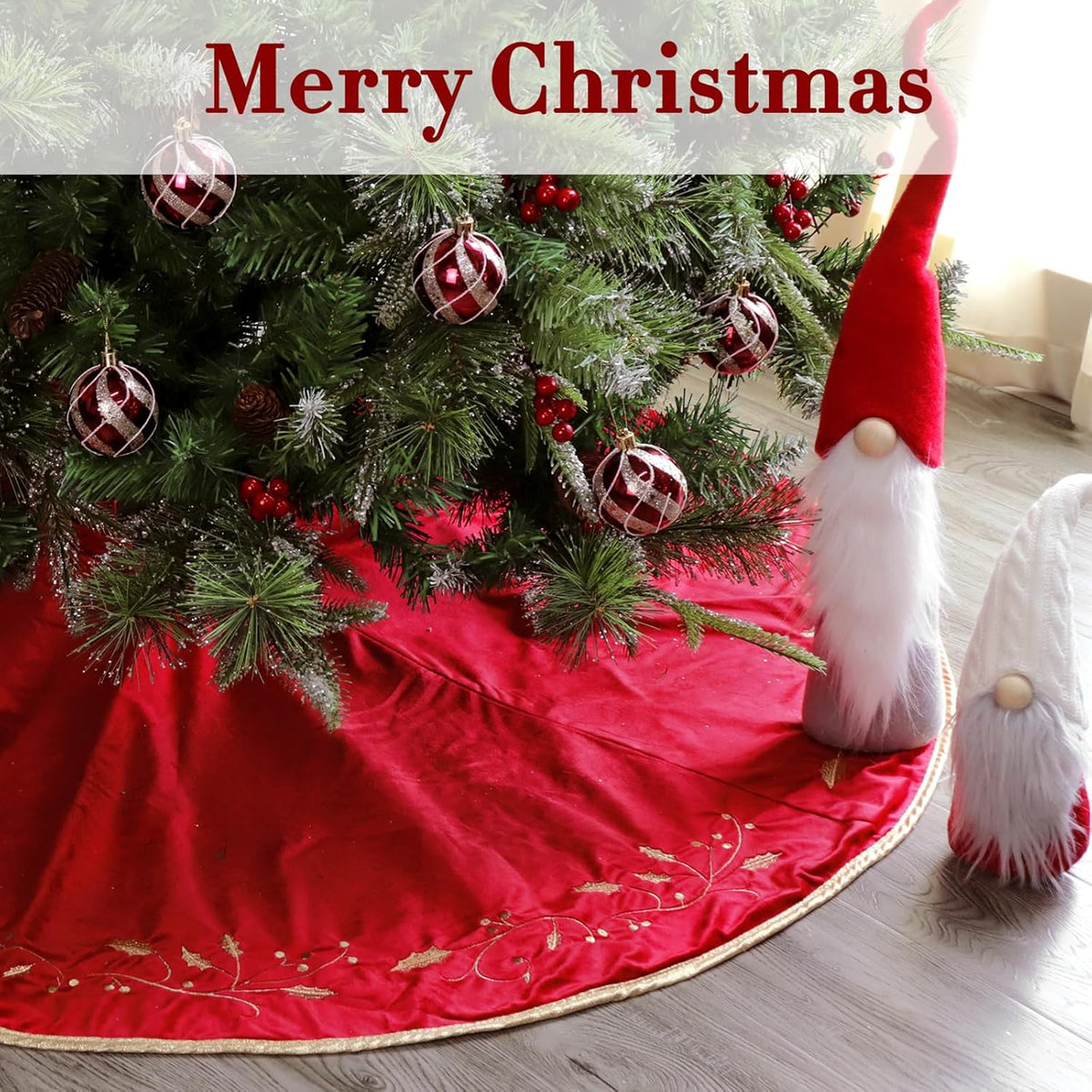 Christmas Tree Skirt, 48 inches Red Luxury Velvet Plush Fur Skirts with Gold Embroidered Holly Leaf