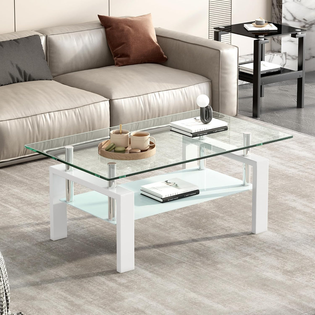 Glass Coffee Table Rectangle White Living Room Center Table, 39inch Transparent Tempered Glass