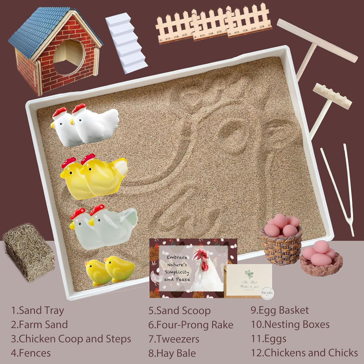 Threeheng Chicken Zen Garden Kit - Sand Tray Therapy Kit with Miniature Chicken Coop, Hen