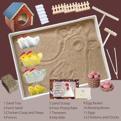 Threeheng Chicken Zen Garden Kit - Sand Tray Therapy Kit with Miniature Chicken Coop, Hen