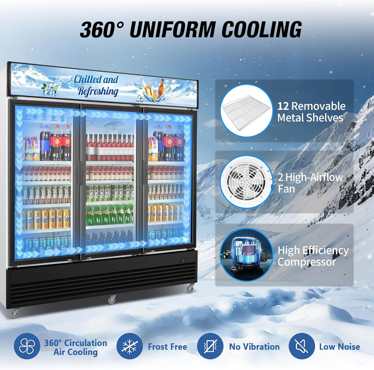Commercial Beverage Refrigerator, 75" W 60 Cu. Ft. Commercial Drink Fridge, Display Refrigerator