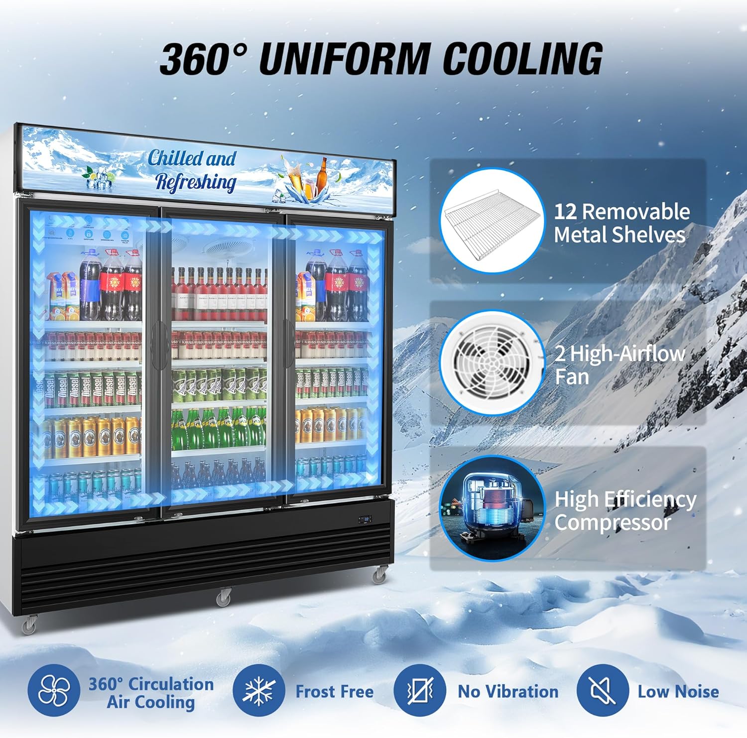 Commercial Beverage Refrigerator, 75" W 60 Cu. Ft. Commercial Drink Fridge, Display Refrigerator