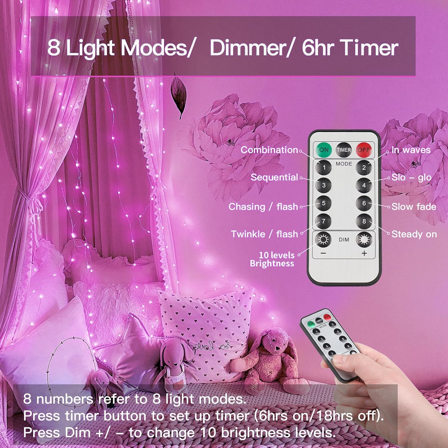 suddus Pink Christmas Fairy Lights Battery Operated Outdoor Waterproof, 66ft 200 Led String Lights