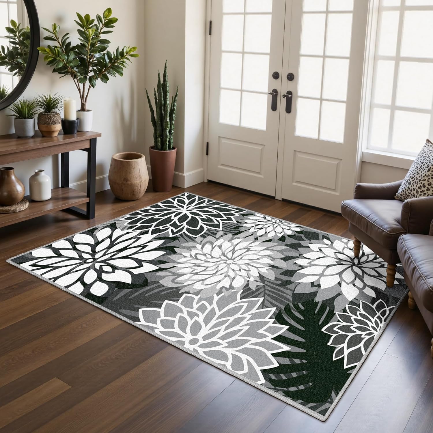 Area Rug 3x5 Black White Washable Entry Rug Multicolored Tropical Botanical Modern Floral Indoor