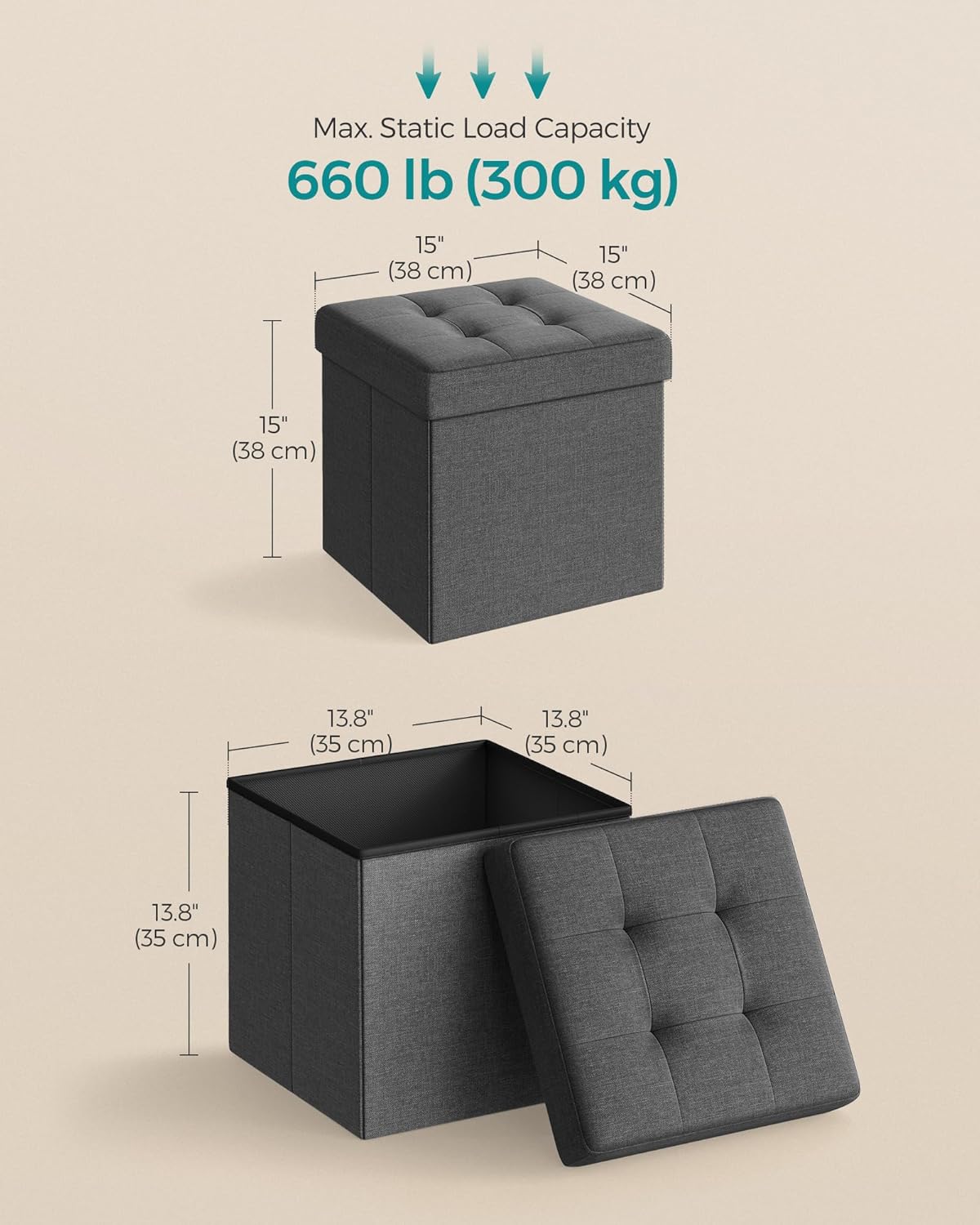 SONGMICS Folding Storage Ottoman Bench，38 x 38 x 38 cm， Ottoman Foot Rest, End of Bed Bench