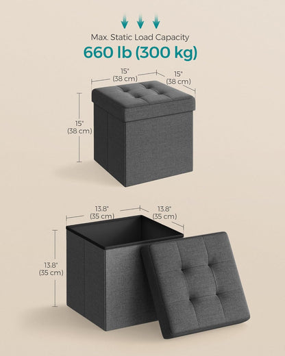 SONGMICS Folding Storage Ottoman Bench，38 x 38 x 38 cm， Ottoman Foot Rest, End of Bed Bench