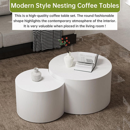 Round Nesting Coffee Table Modern White Fluted Coffee Table Set of 2 for Living Room Circle Drum