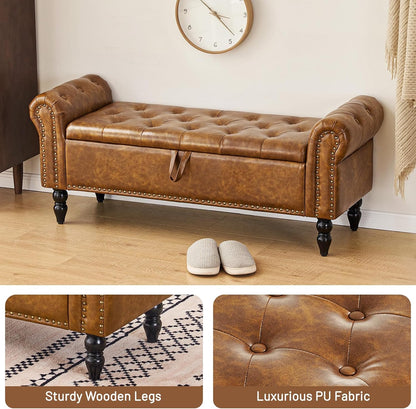 Furniliving Storage Ottoman Bench, Leather Benches End of Bed Bench with Solid Wood Legs