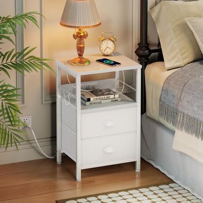 Furologee End Table with Charging Station, Nightstand with Fabric Drawers, Side Tables with USB