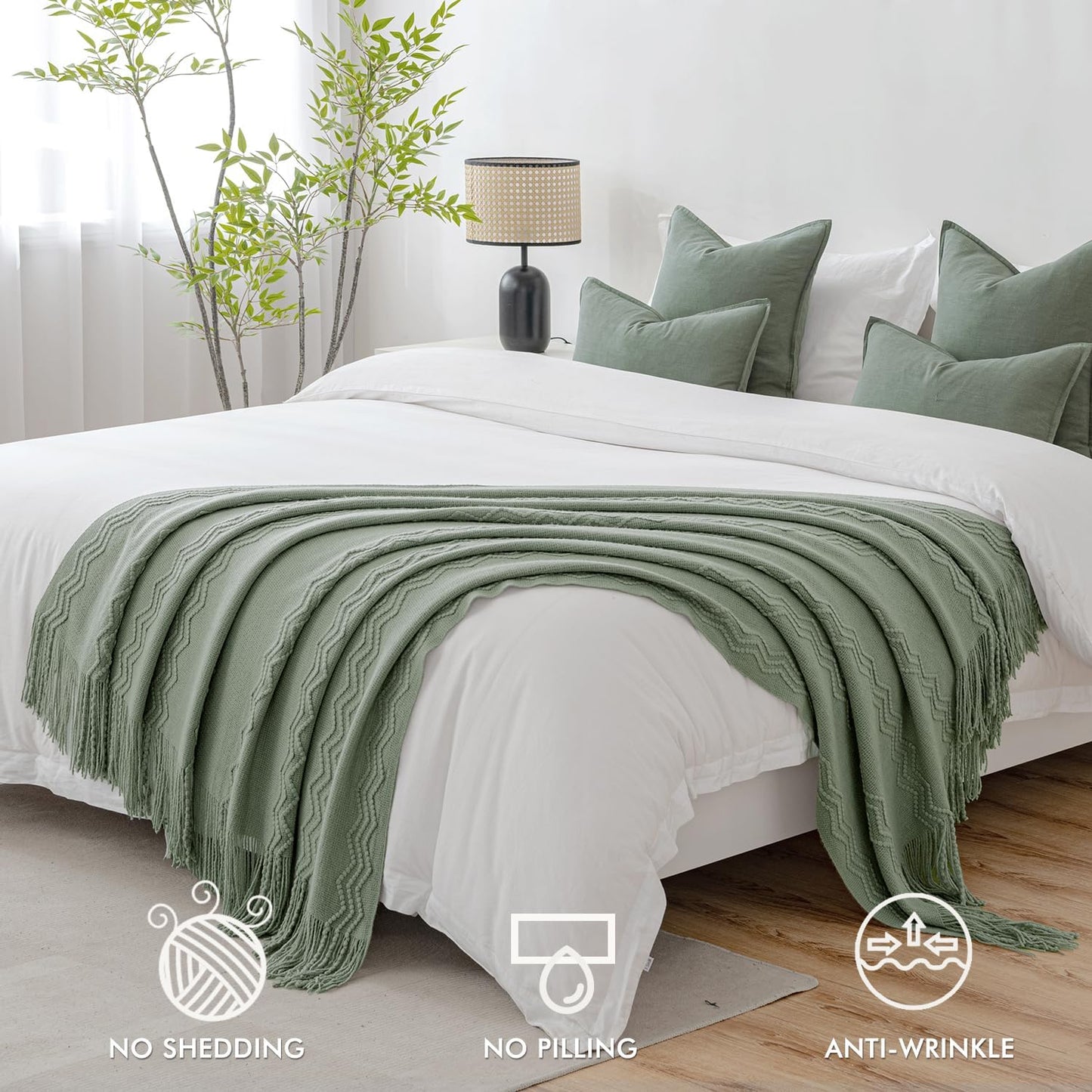 MIULEE Sage Knitted Throw Blanket for Couch Boho Green Textured Cozy Woven Decorative Farmhouse