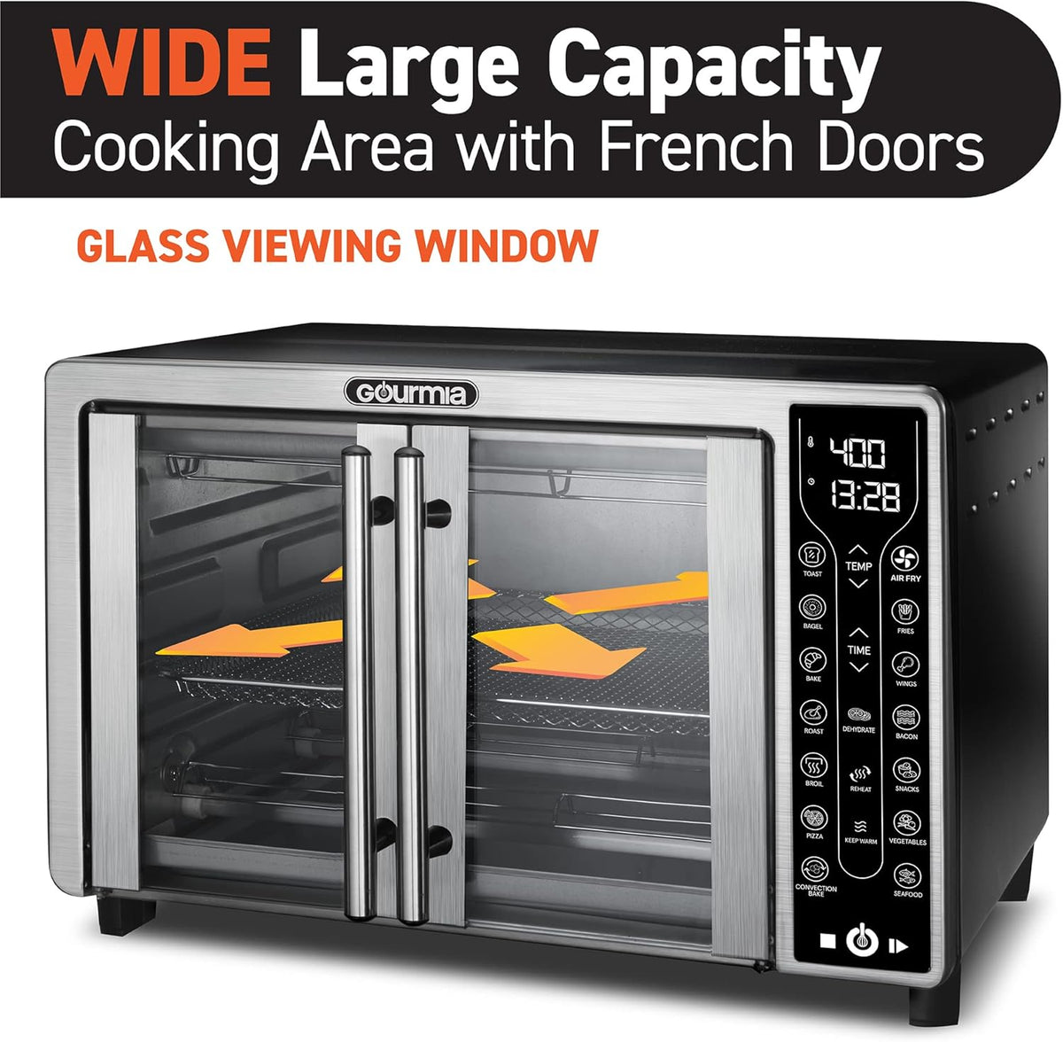 Gourmia Toaster Oven Air Fryer Combo 17 cooking presets 1700W french door digital air fryer oven