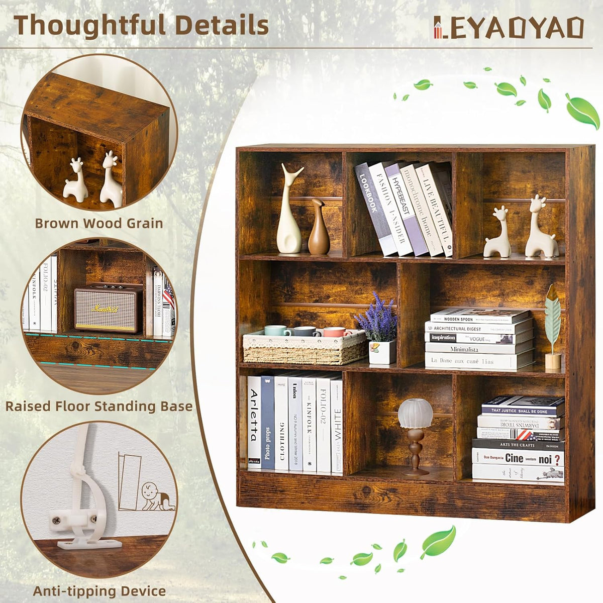 LEYAOYAO 8 Cube Bookshelf with Wood Base, Brown 3 Tier Mid-Century Modern Bookcase,Standing Wide