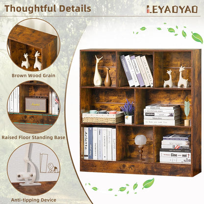 LEYAOYAO 8 Cube Bookshelf with Wood Base, Brown 3 Tier Mid-Century Modern Bookcase,Standing Wide